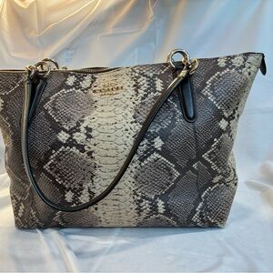 Coach Snake-Effect Leather Tote in Black and Cream with Gold Hardware